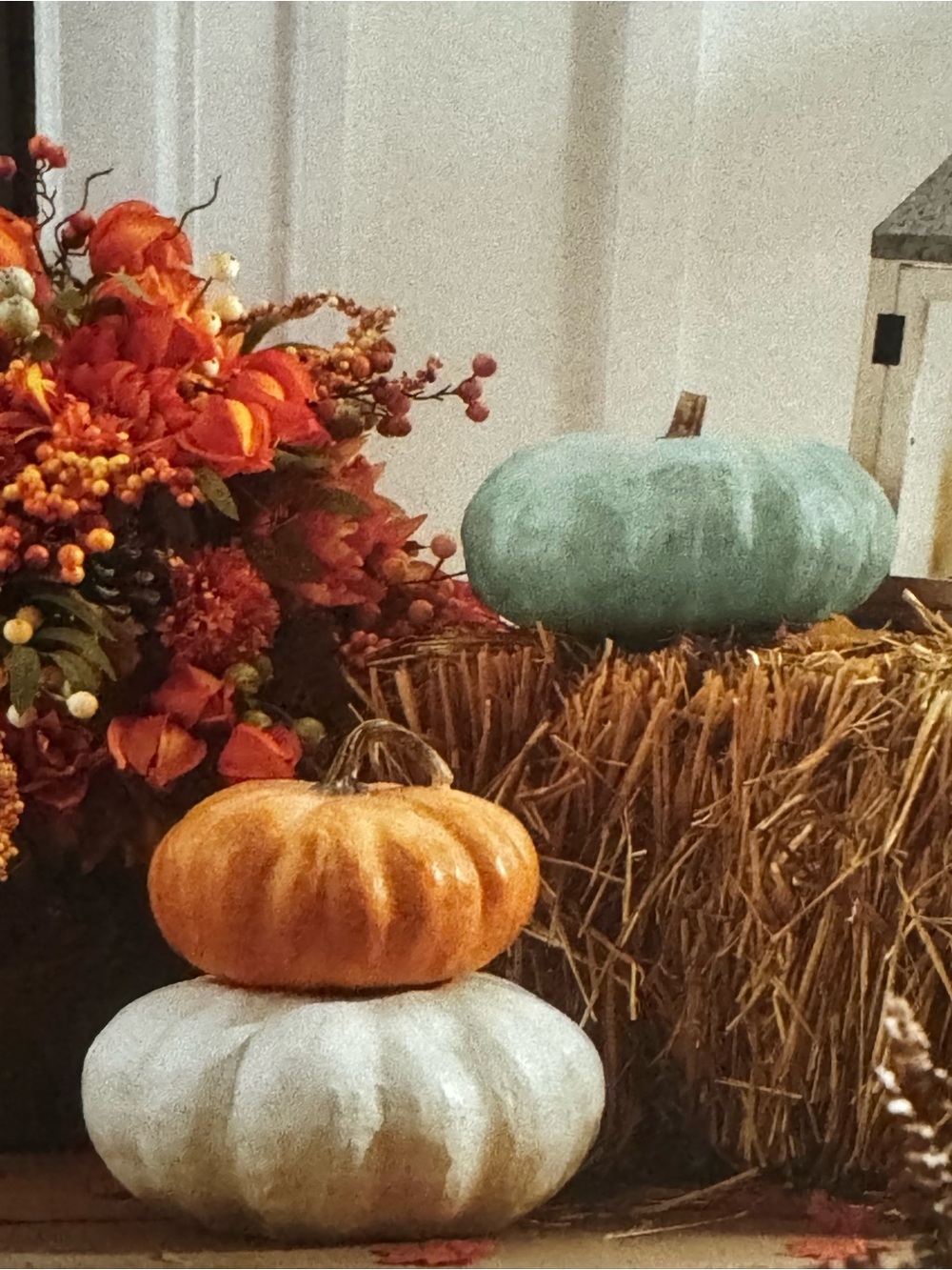NEW 3 Pc Laura Ashley Indoor/Outdoor Stackable Pumpkin Set Fall Decor Blue White